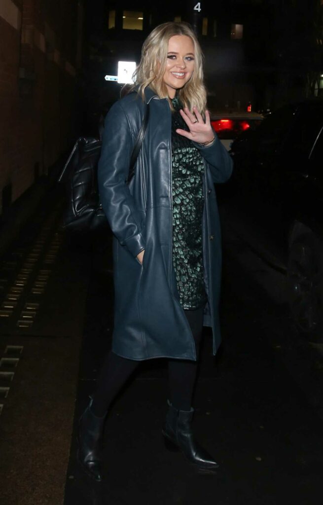 Emily Atack in a Blue Leather Trench Coat