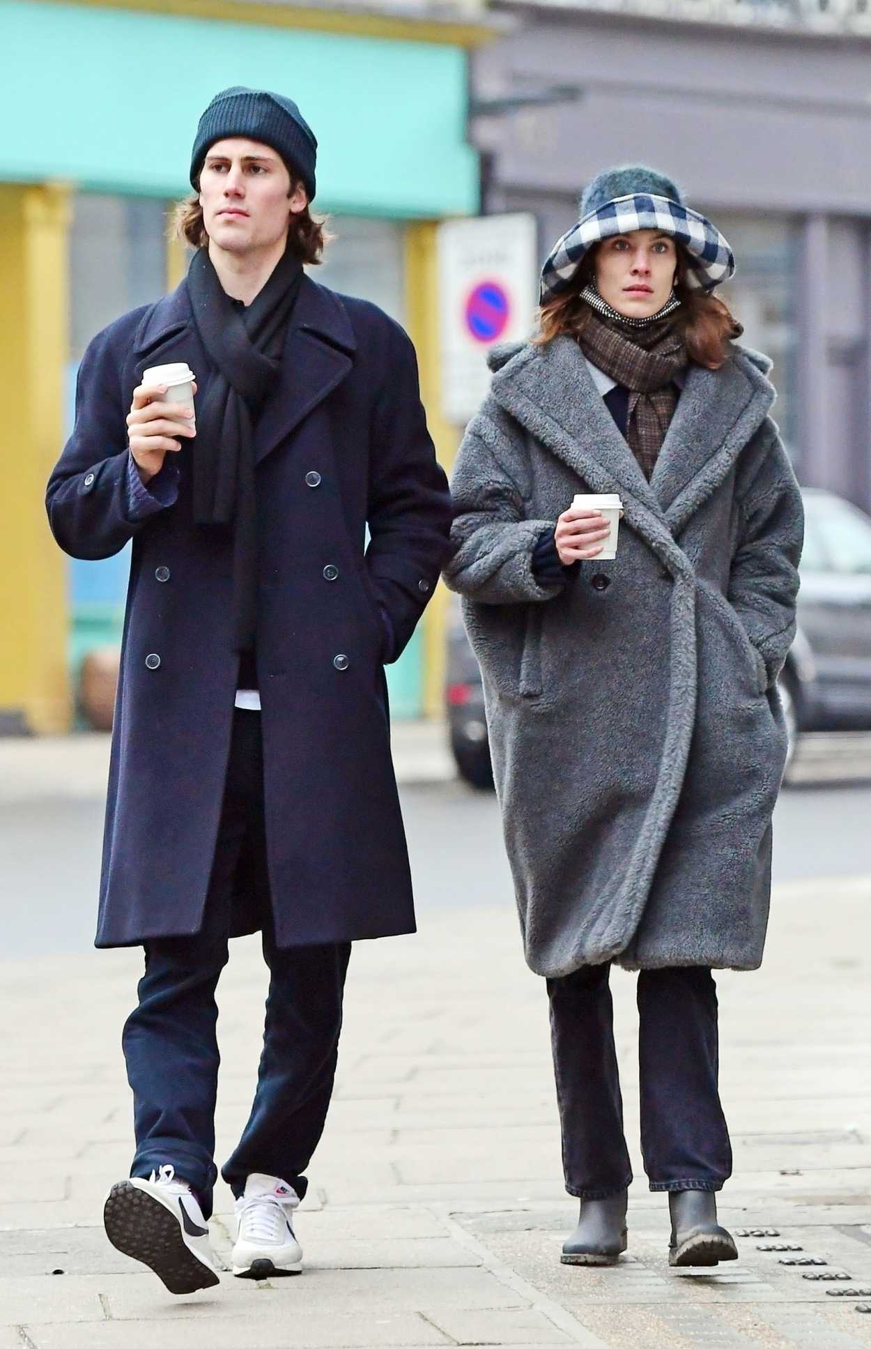 Alexa Chung in a Grey Faux Fur Coat Was Seen Out with Orson Fry in