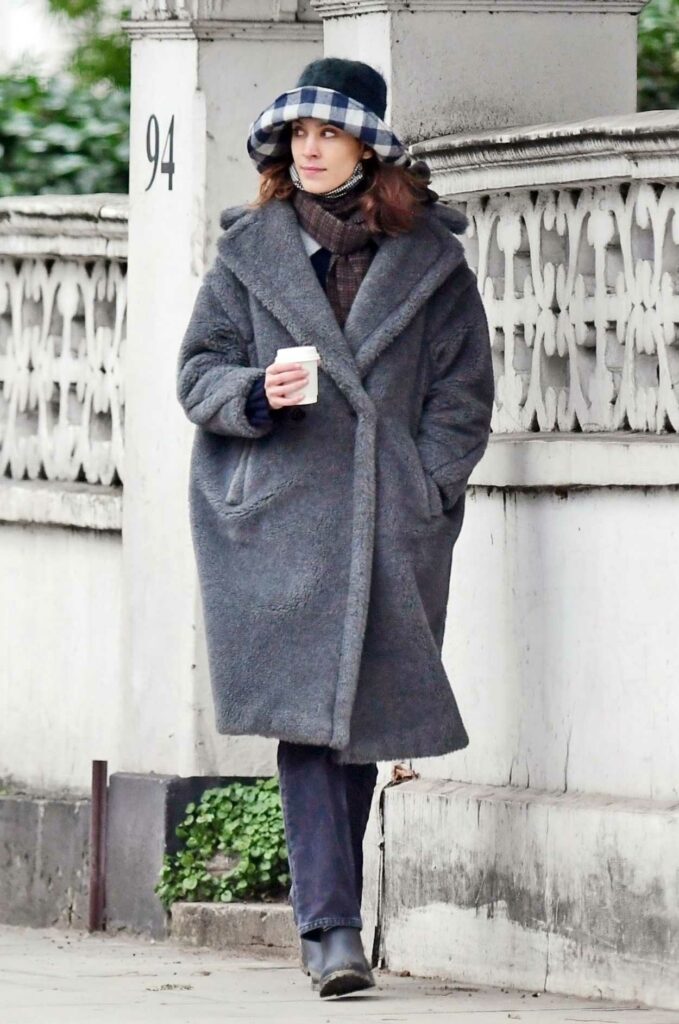 Alexa Chung in a Grey Faux Fur Coat