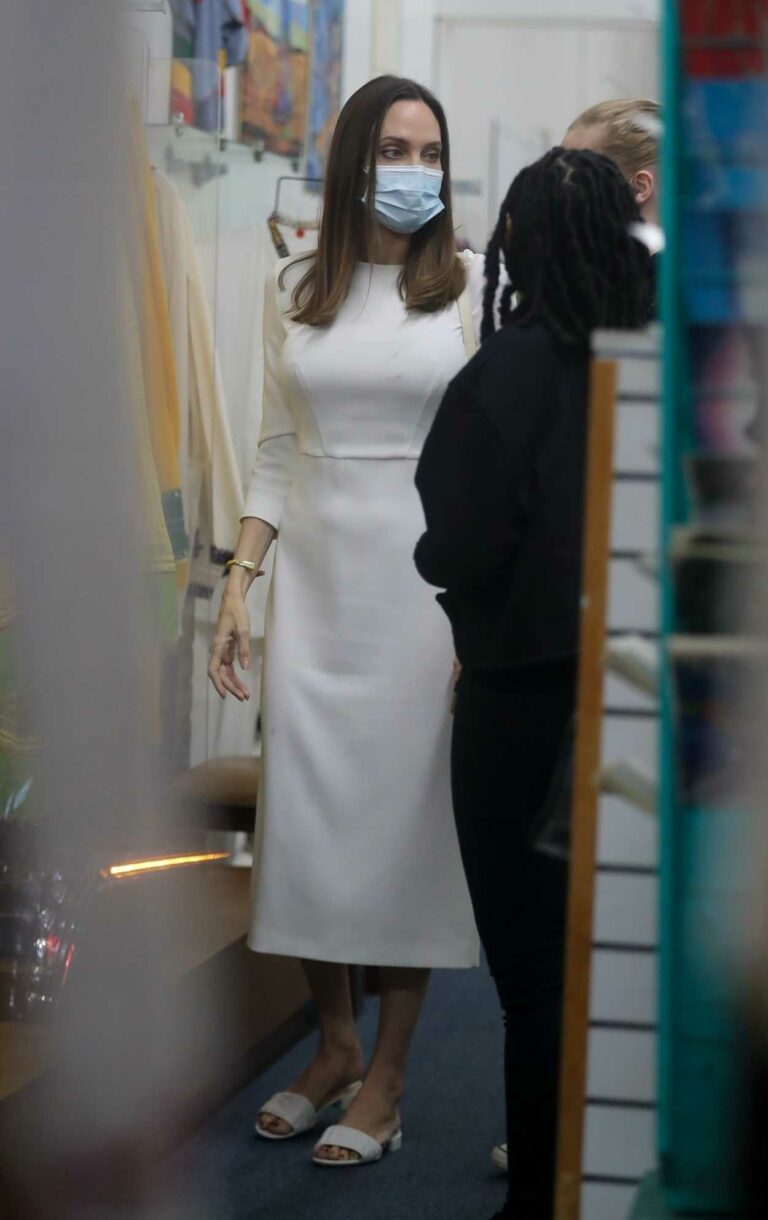 Angelina Jolie in a White Dress Goes Shopping at Ethiopian Design Out