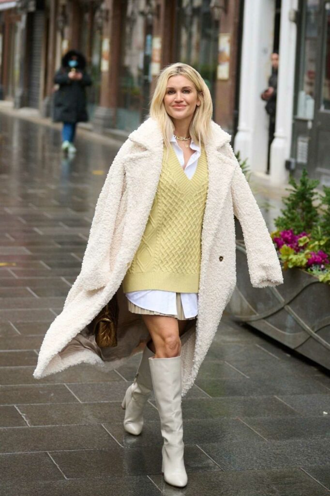 Ashley Roberts in a White Faux Fur Coat