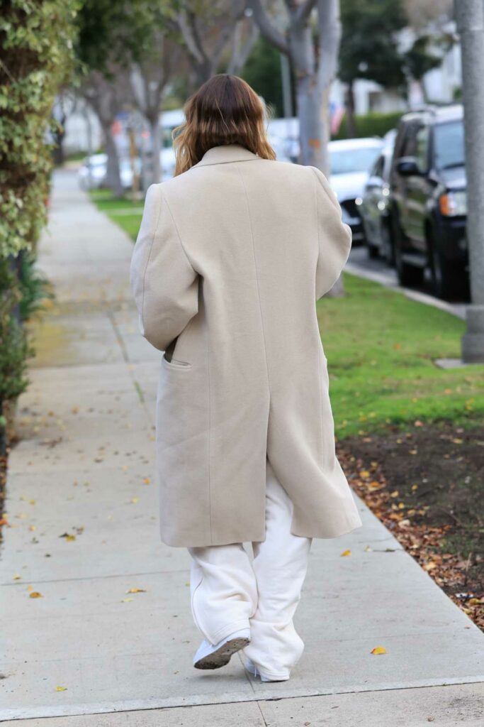 Hailey Bieber in a Beige Oversized Coat