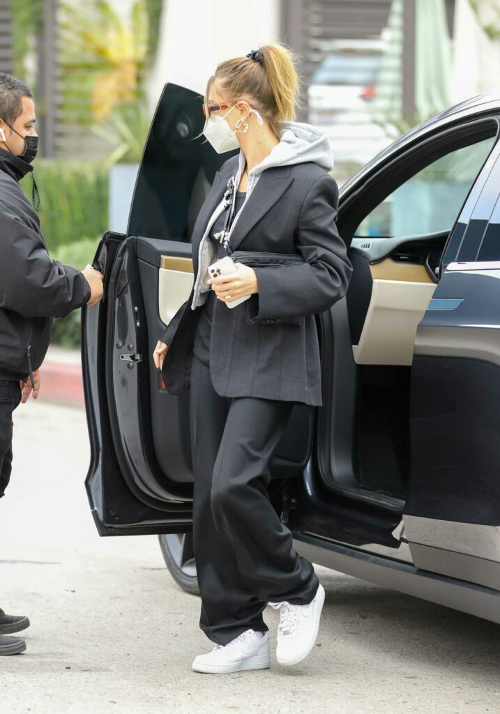 Hailey Bieber in a Black Pantsuit