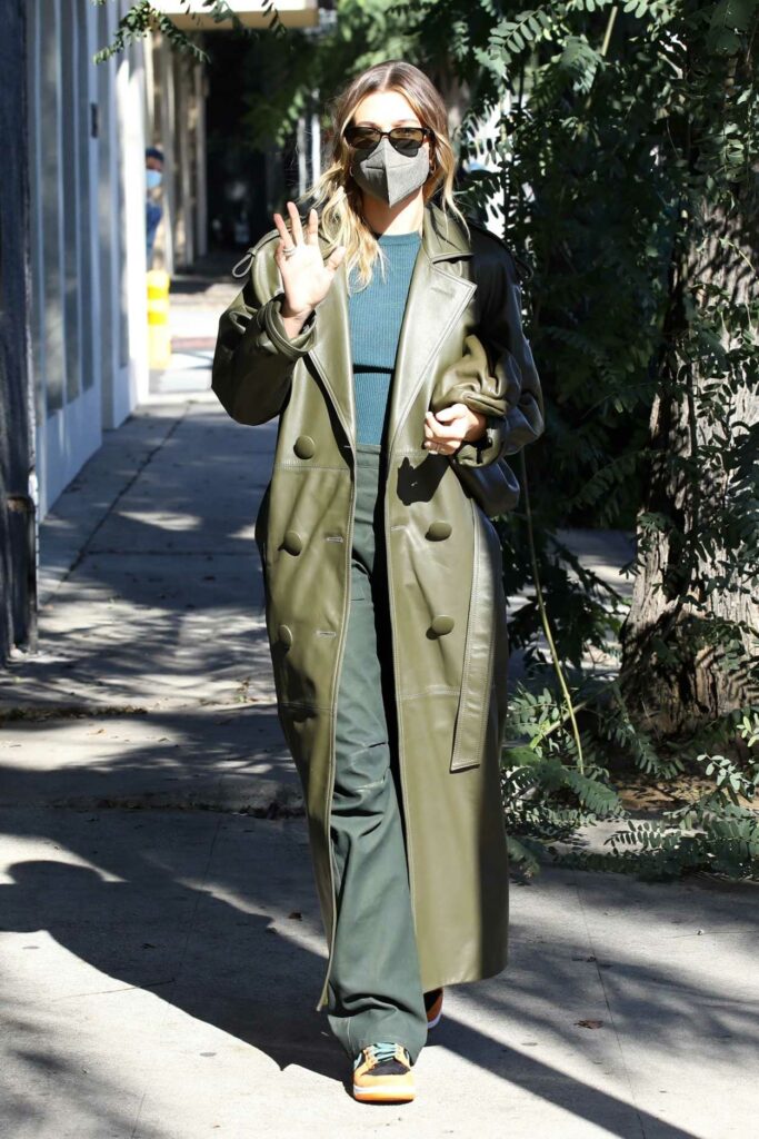 Hailey Bieber in an Olive Leather Coat