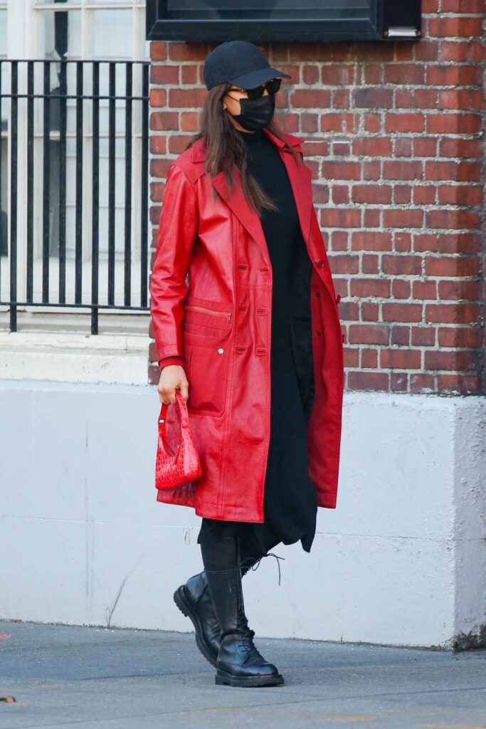 Irina Shayk in a Red Leather Coat