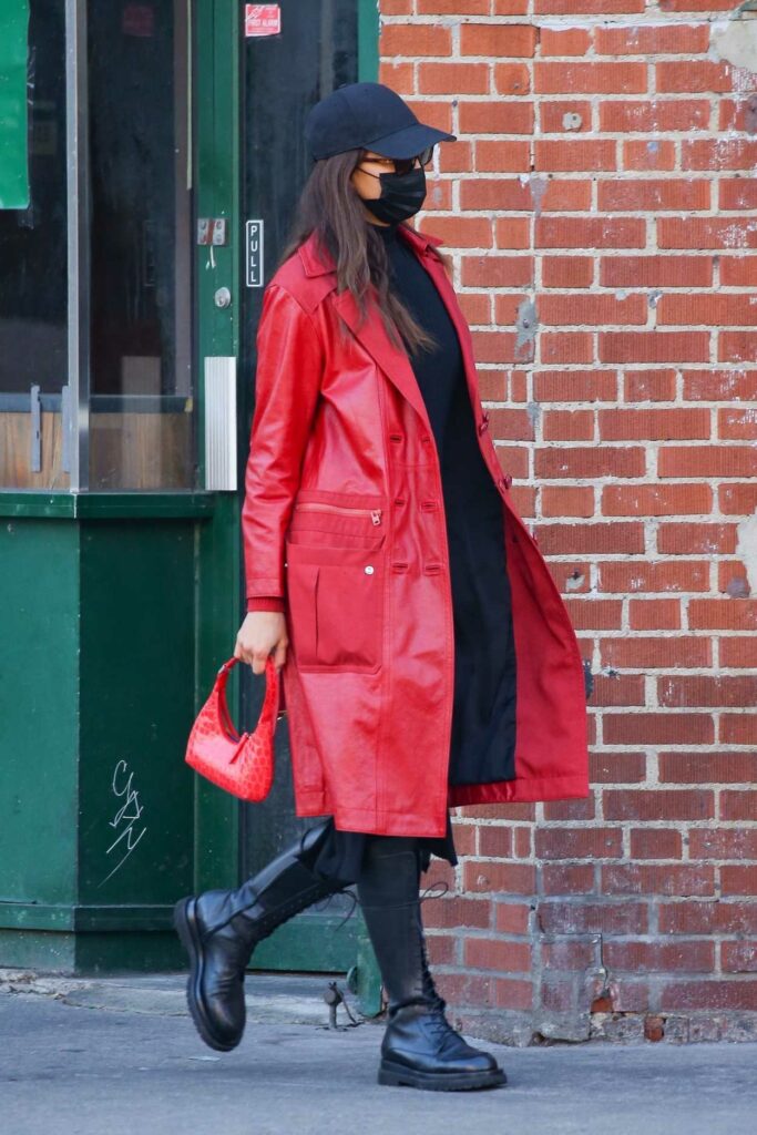 Irina Shayk in a Red Leather Coat