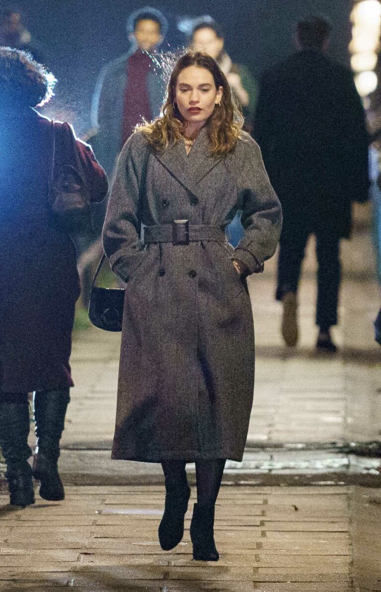 Lily James on the Set of What’s Love Got to do With It? on Battersea