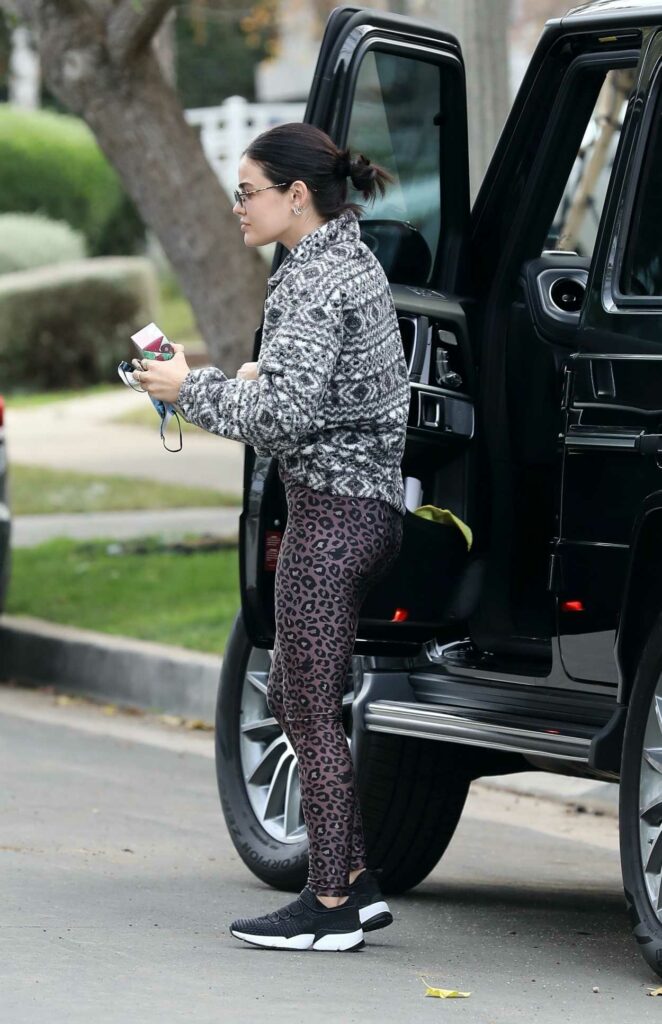 Lucy Hale in a Brown Animal Print Leggings