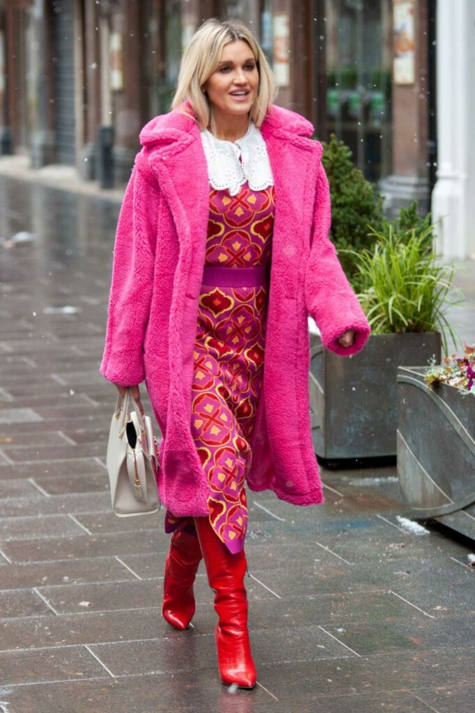 Ashley Roberts in a Pink Faux Fur Coat