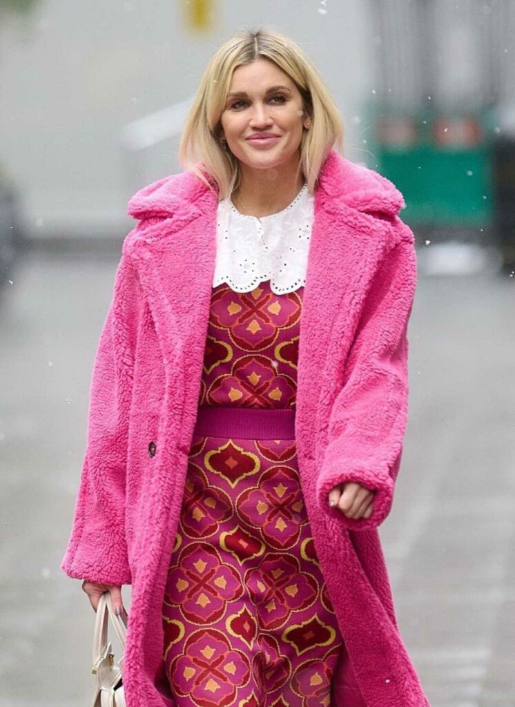 Ashley Roberts in a Pink Faux Fur Coat