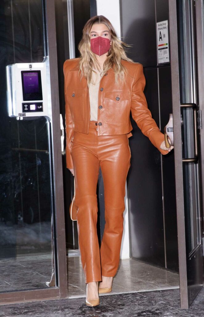 Hailey Bieber in an Tan Leather Suit