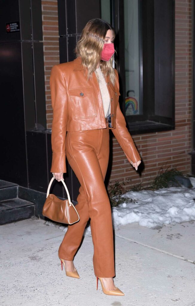 Hailey Bieber in an Tan Leather Suit