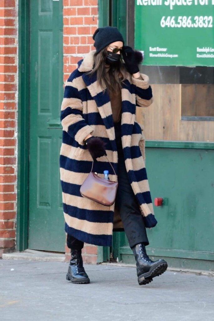 Irina Shayk in a Striped Fur Coat