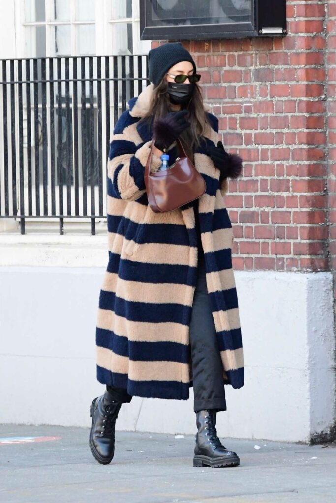 Irina Shayk in a Striped Fur Coat