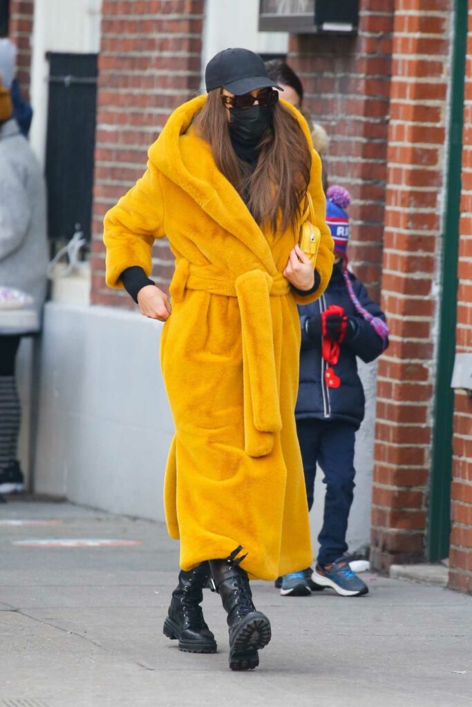 Irina Shayk in a Yellow Long Fur Coat