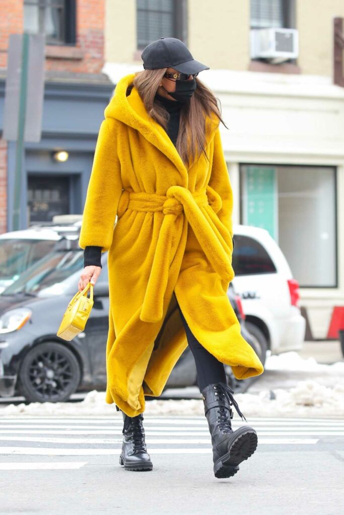 Irina Shayk in a Yellow Long Fur Coat