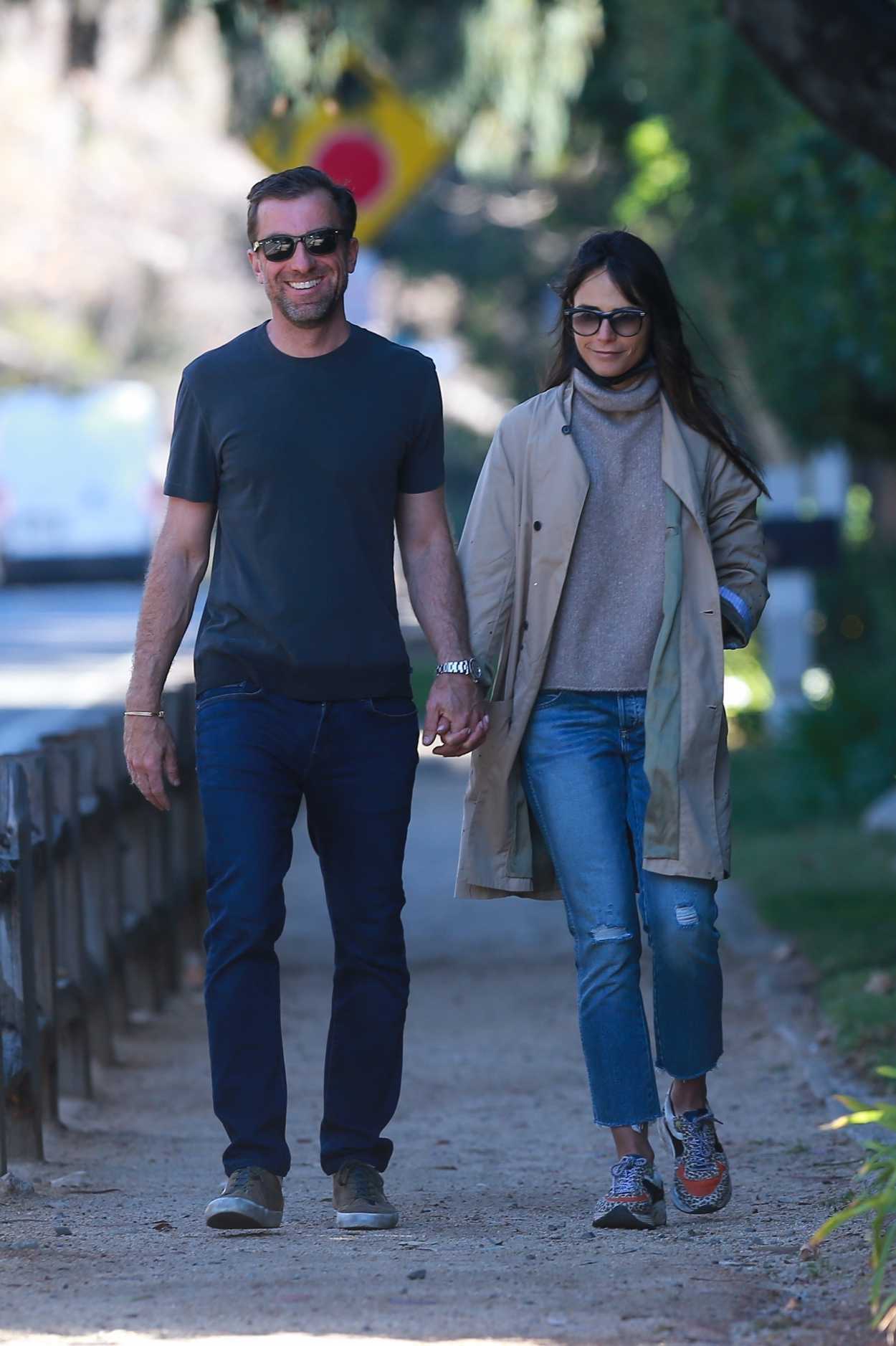 Jordana Brewster in a Beige Trench Coat Steps Out for a Morning Walk