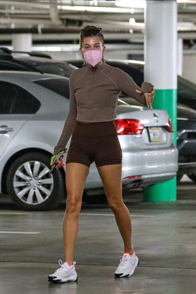 Hailey Bieber in a Brown Spandex Shorts
