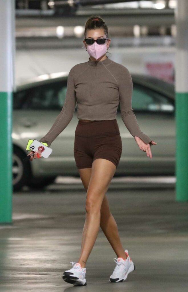 Hailey Bieber in a Brown Spandex Shorts