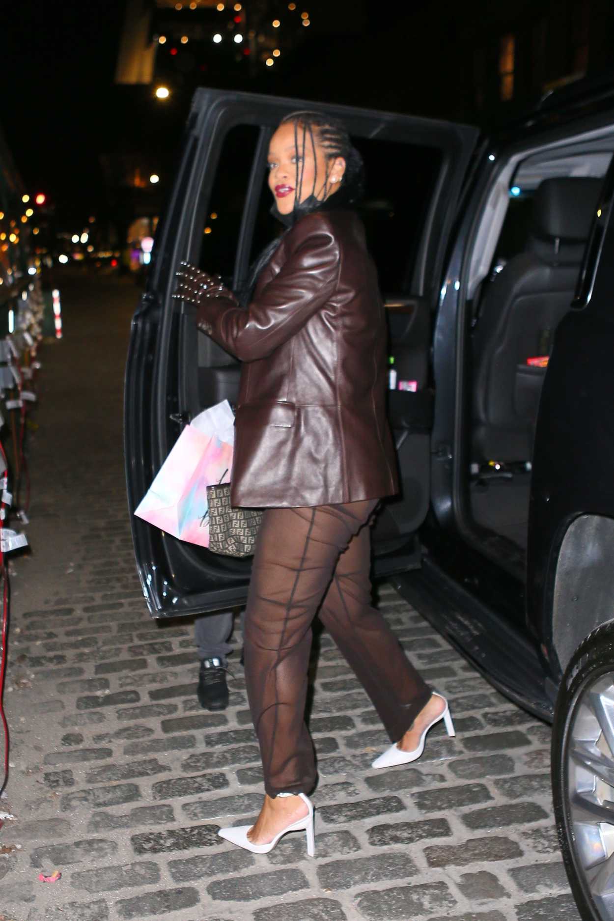 Rihanna in a Brown Leather Blazer Celebrates Her Mom’s Birthday at ...