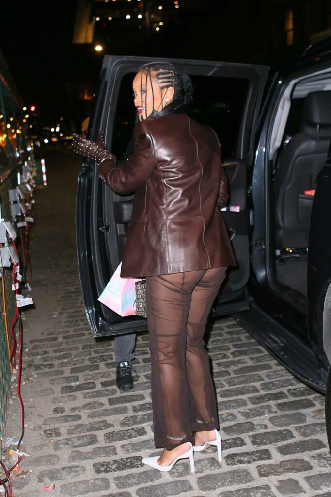 Rihanna in a Brown Leather Blazer
