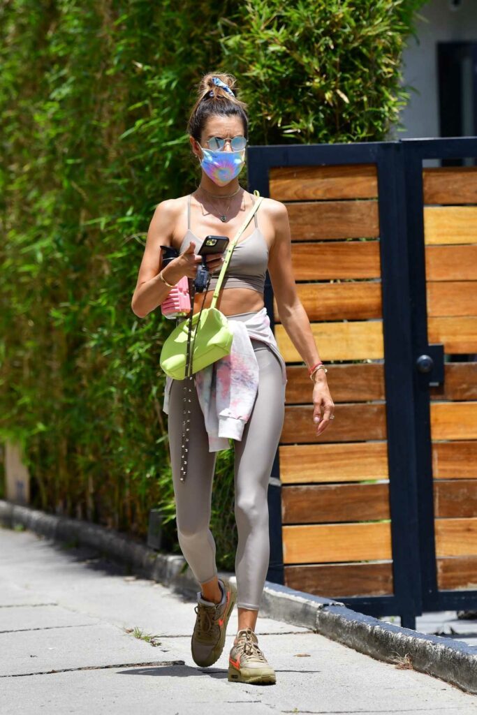Alessandra Ambrosio in a Silver Workout Ensemble