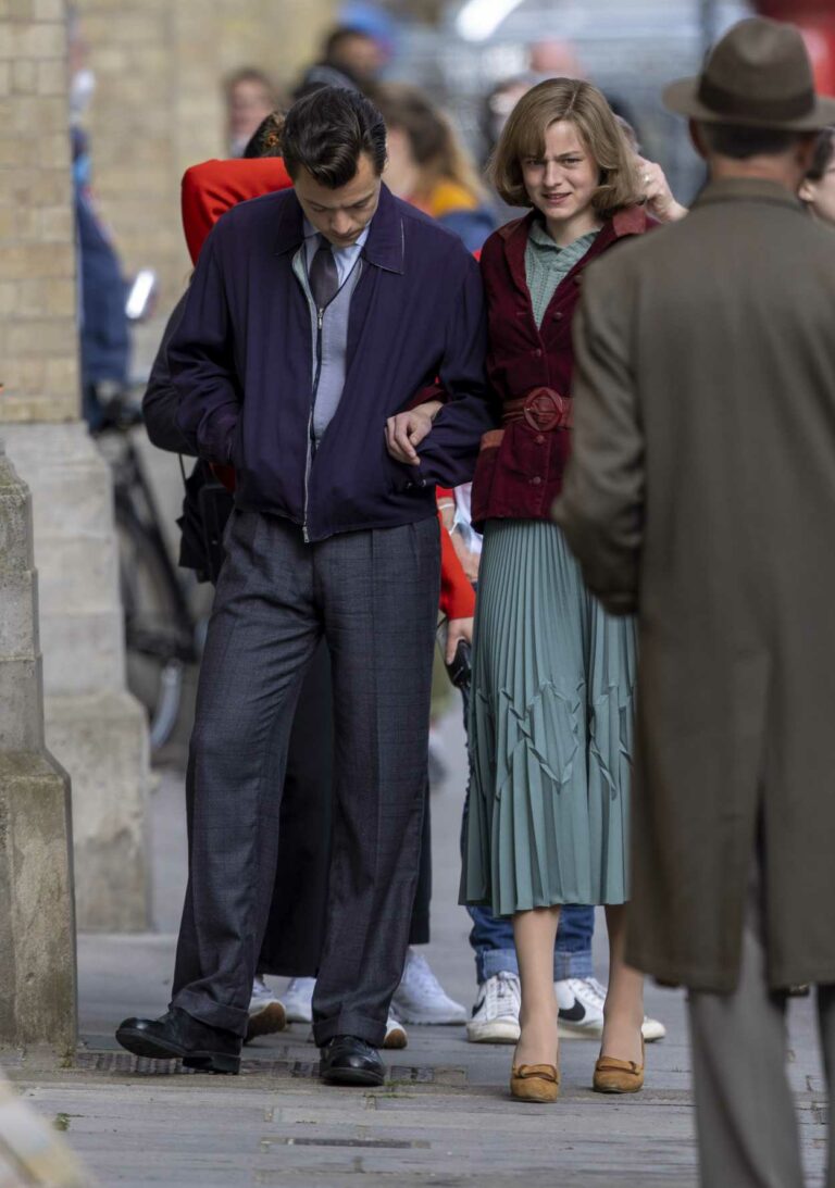 Emma Corrin in an Olive Dress Was Spotted Filming Scenes with Harry
