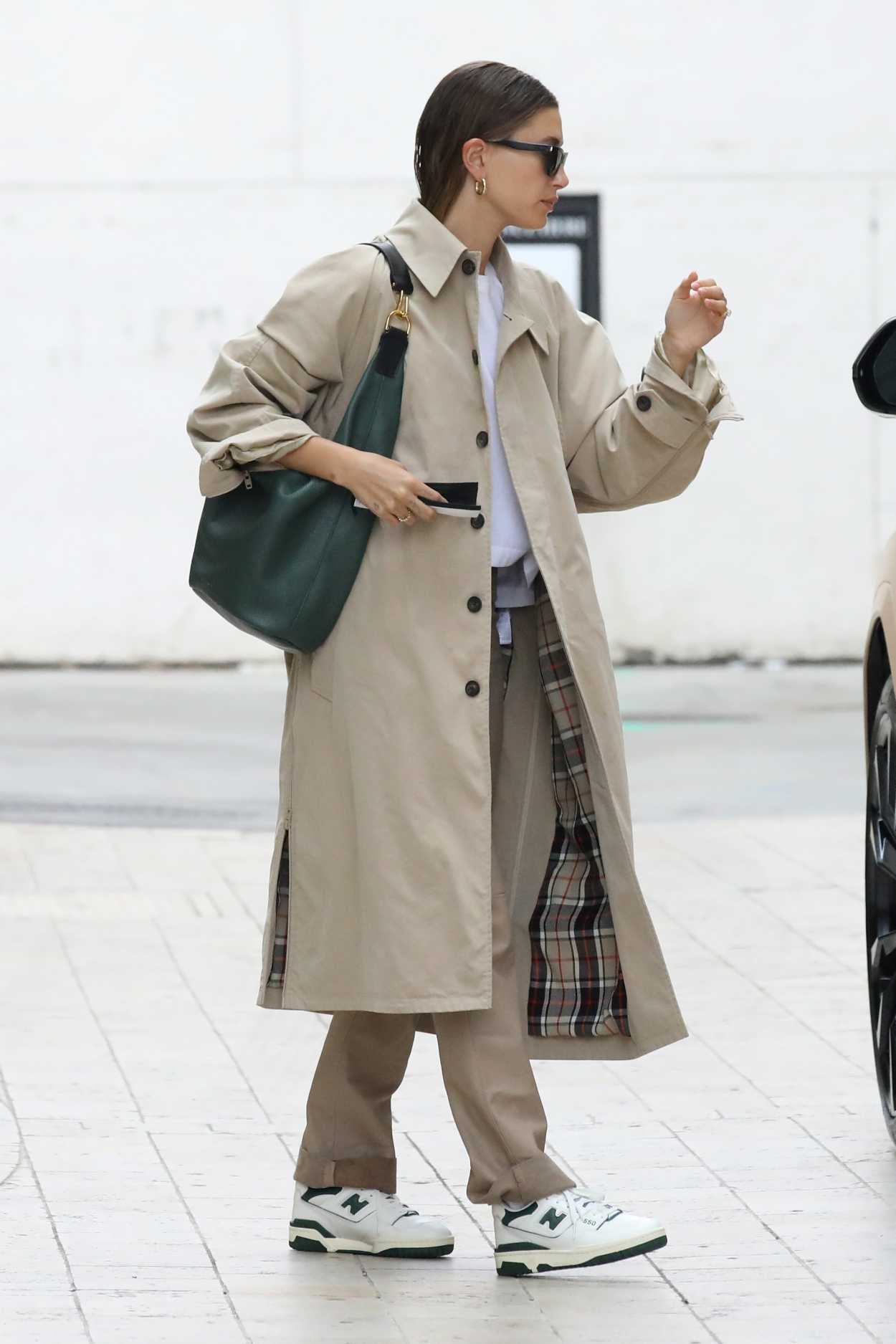 Hailey Bieber in a Beige Trench Coat Heads to a Meeting in Los Angeles ...