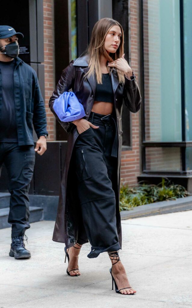 Hailey Bieber in a Brown Leather Coat