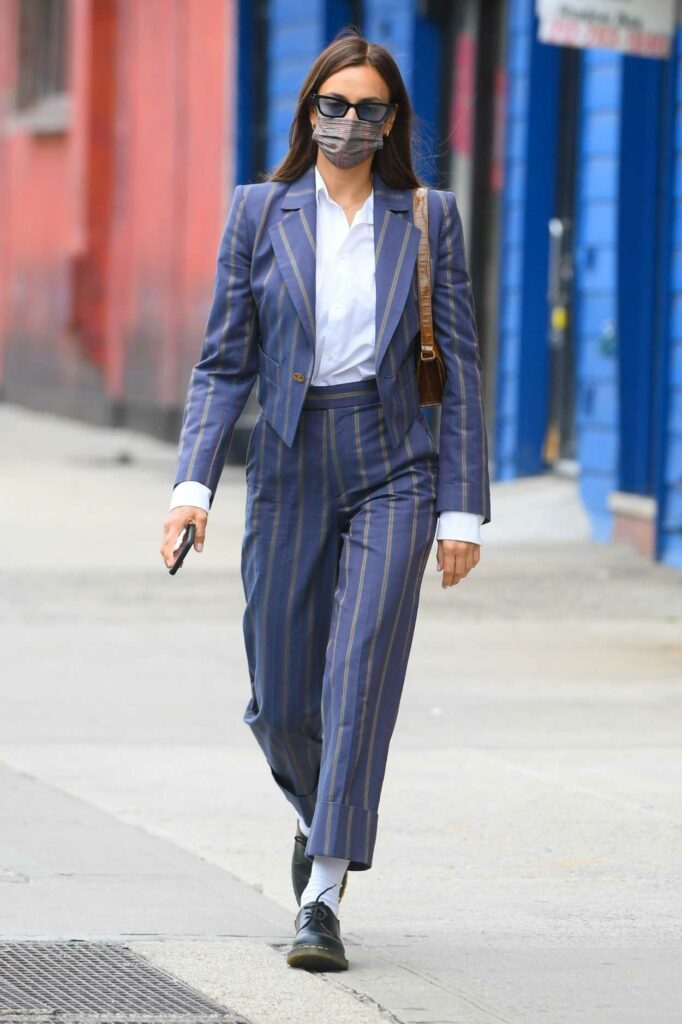 Irina Shayk in a Blue Striped Suit