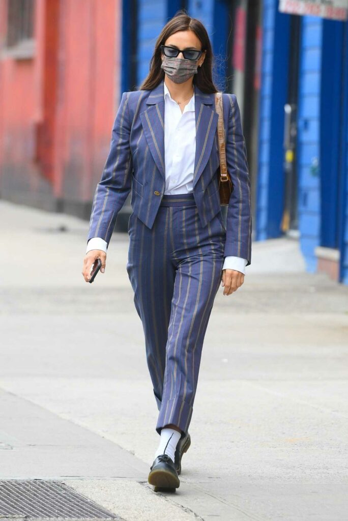 Irina Shayk in a Blue Striped Suit
