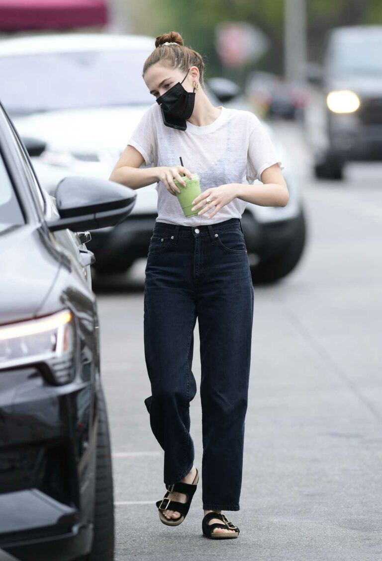 Zoey Deutch in a White Tee Heads Out for an Iced Green Tea in Los