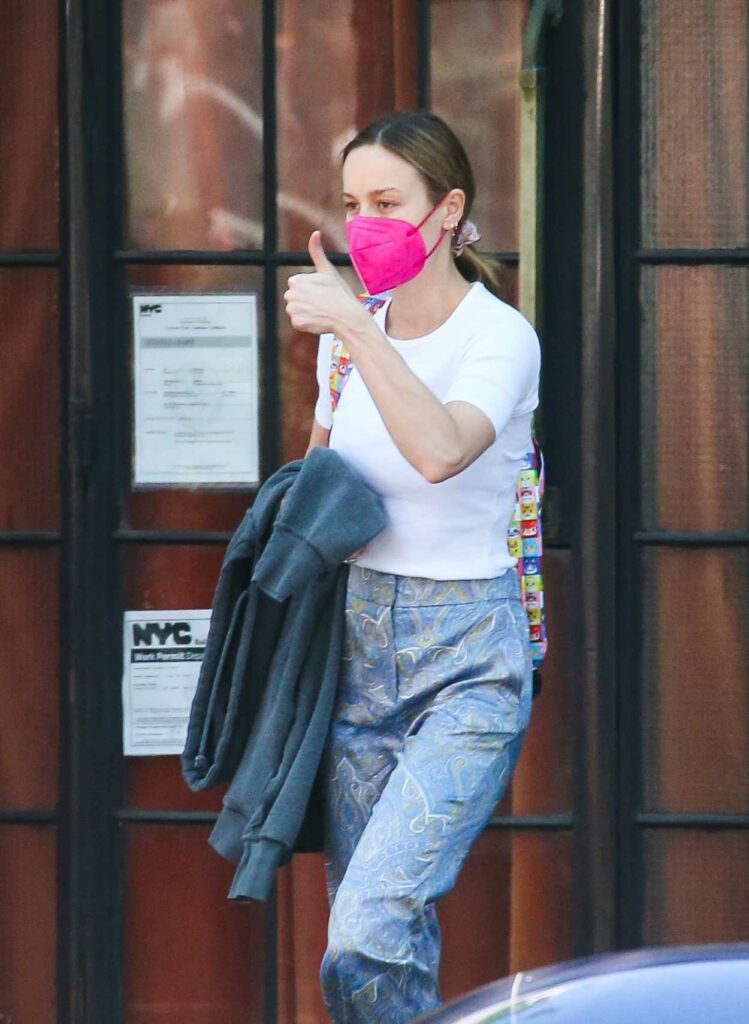 Brie Larson in a Pink Protective Mask