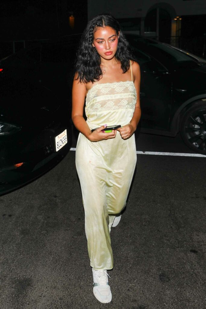 Cindy Kimberly in a Light Green Dress Arrives at a Friend’s Birthday