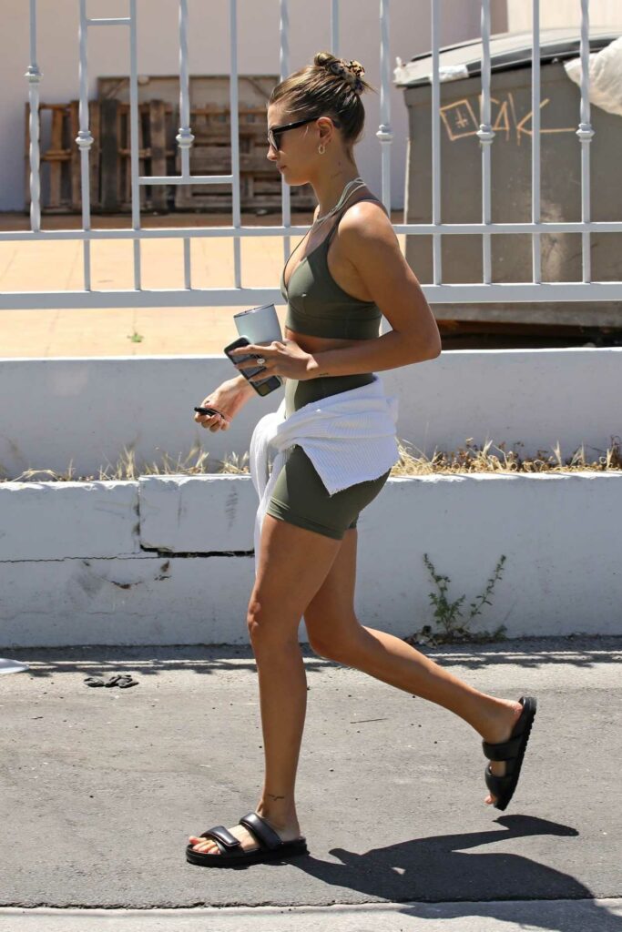 Hailey Bieber in an Olive Spandex Shorts