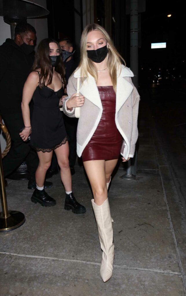 Maddie Ziegler in a Leather Burgundy Mini Dress