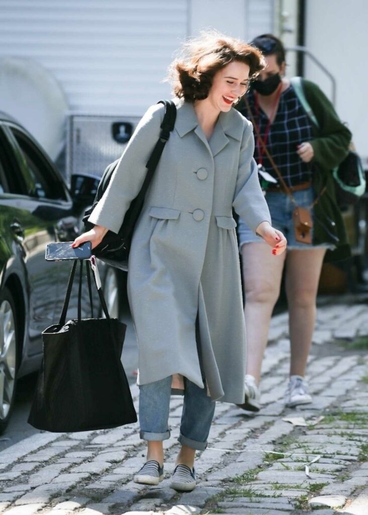 Rachel Brosnahan in a Grey Coat