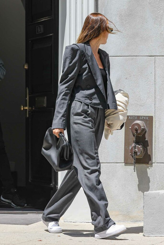 Hailey Bieber in a Grey Suit