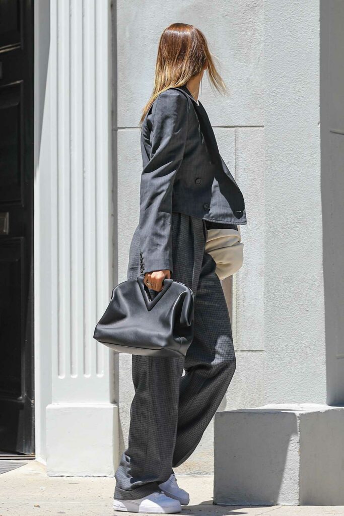 Hailey Bieber in a Grey Suit