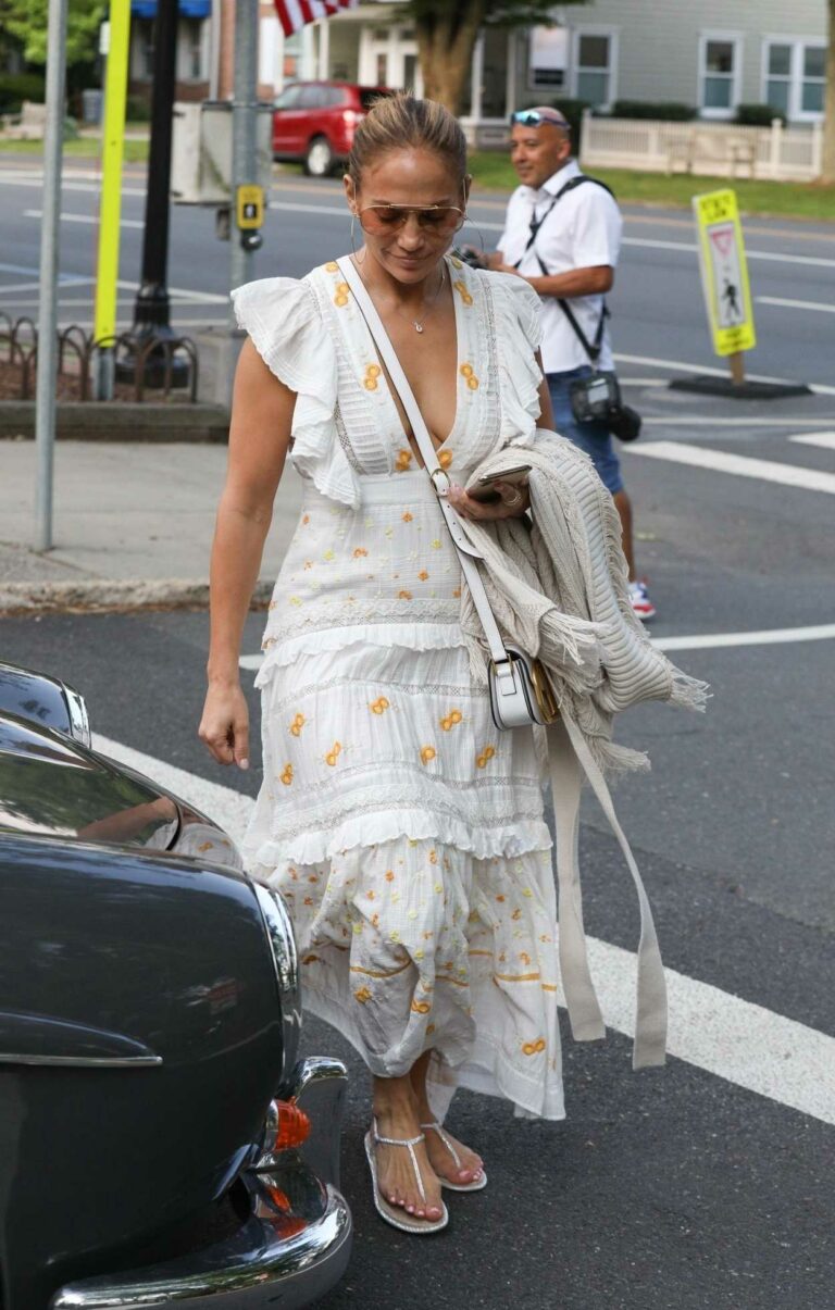 Jennifer Lopez In A White Plunging Summer Dress Was Seen Out In The Hamptons New York 0706 6329