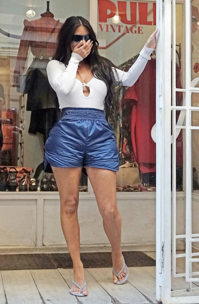 Kim Kardashian in a Blue Shorts