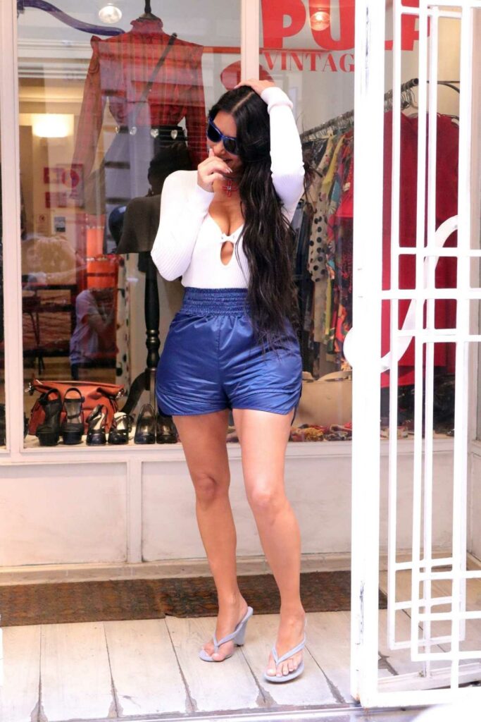 Kim Kardashian in a Blue Shorts