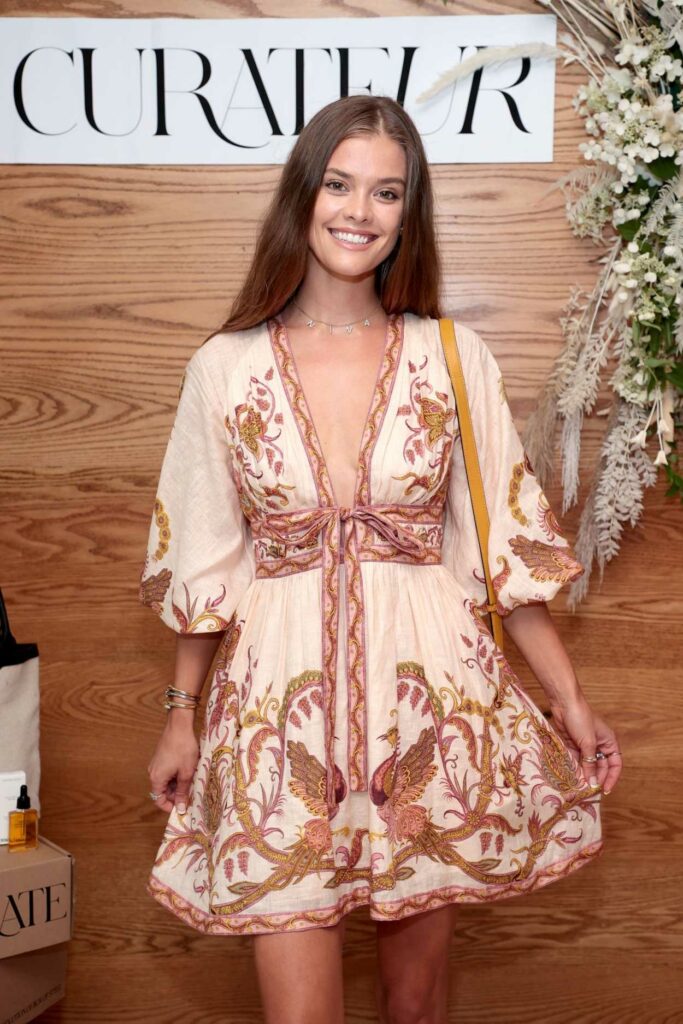 Nina Agdal in a Beige Patterned Dress