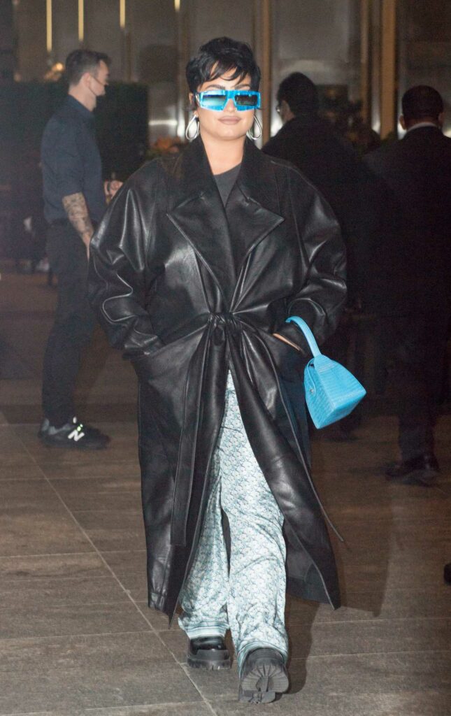 Demi Lovato in a Black Leather Coat