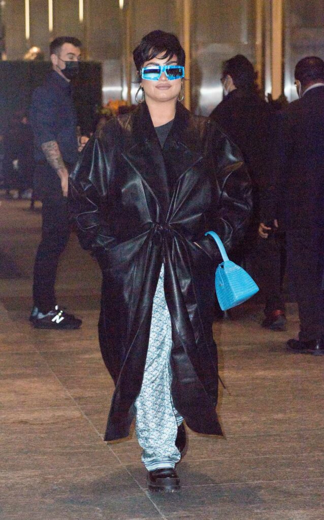 Demi Lovato in a Black Leather Coat