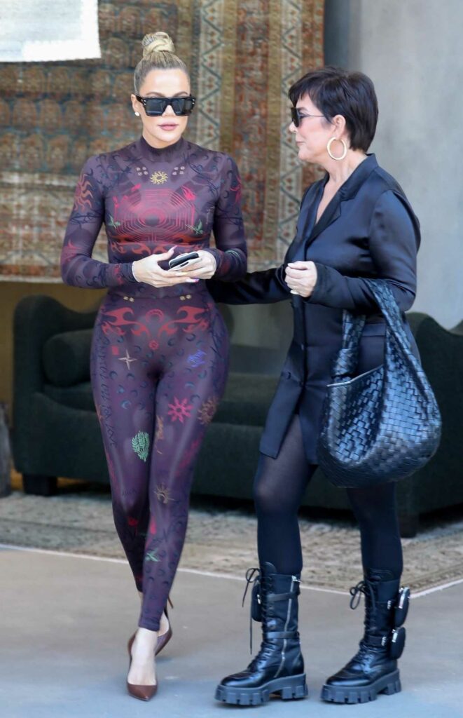 Khloe Kardashian in a Brown Patterned Catsuit