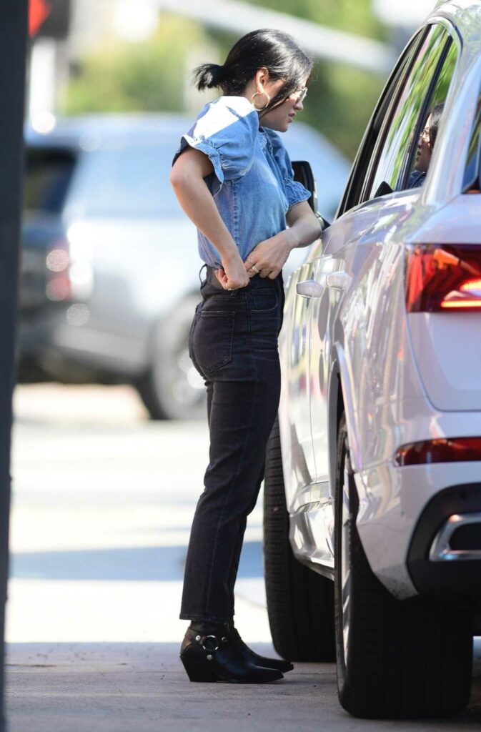 Lucy Hale in a Blue Denim Blouse