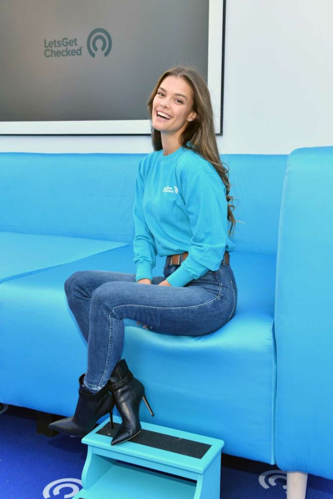 Nina Agdal in a Baby Blue Sweatshirt