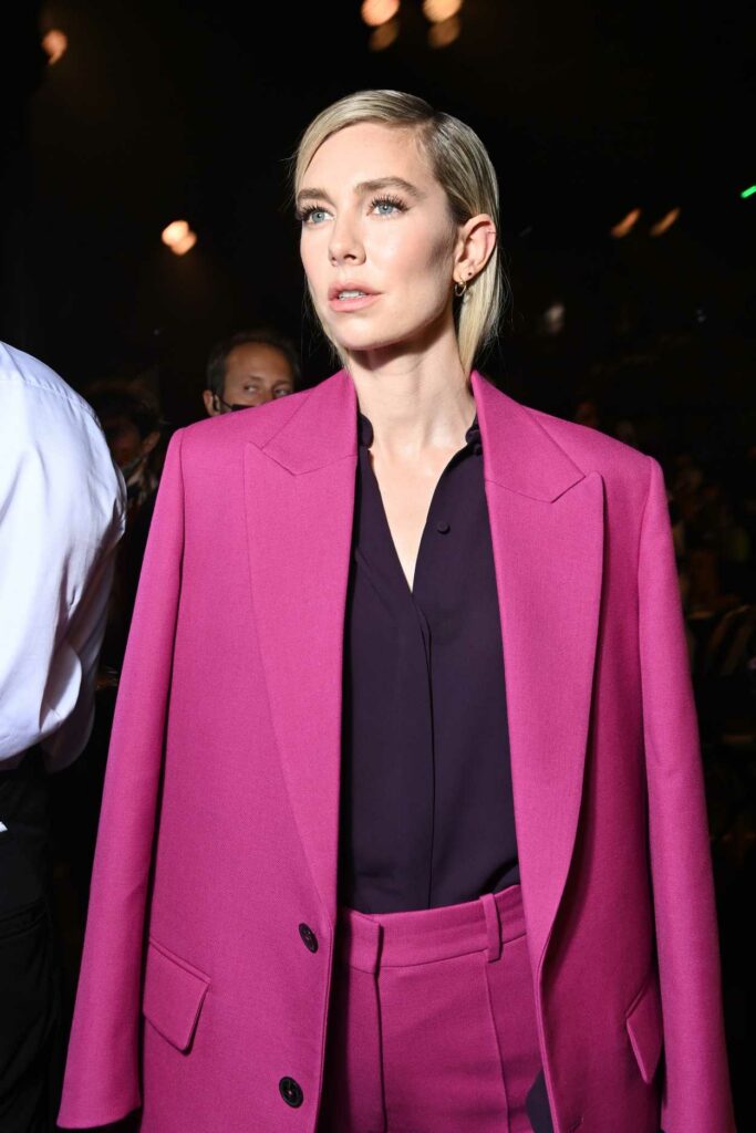 Vanessa Kirby in a Burgundy Color Pantsuit