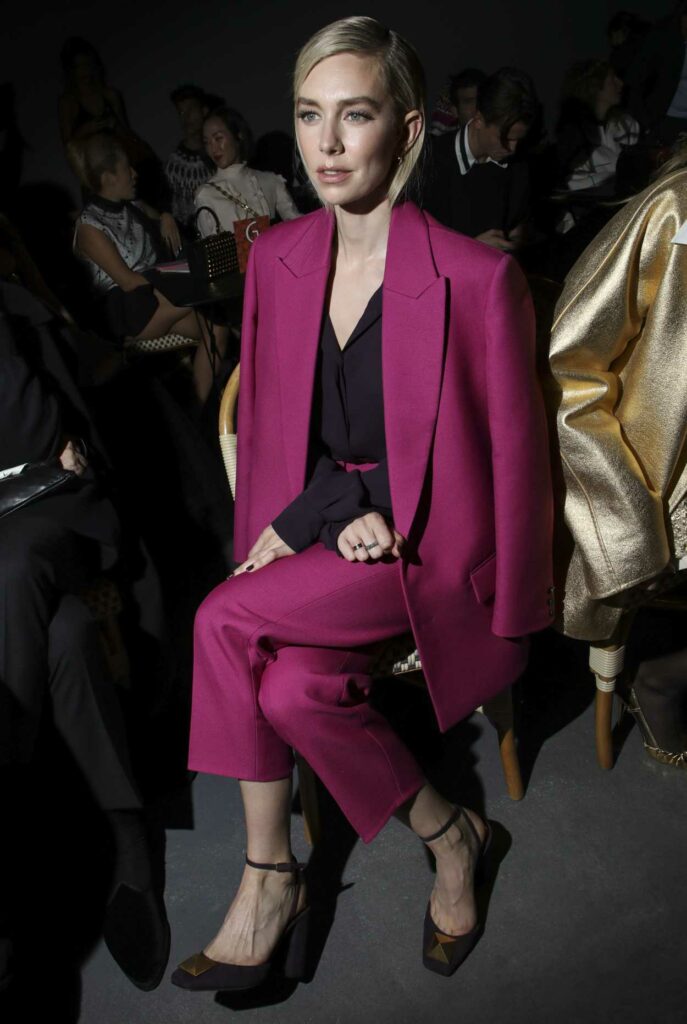 Vanessa Kirby in a Burgundy Color Pantsuit